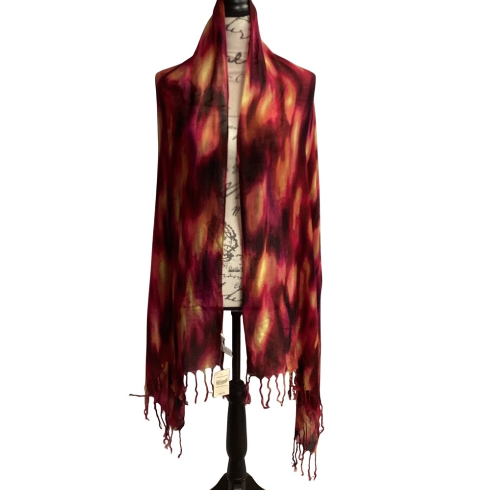 Coldwater Creek‎ Painted Mirage Scarf Viscose Shawl Wrap Red Gold Fringe